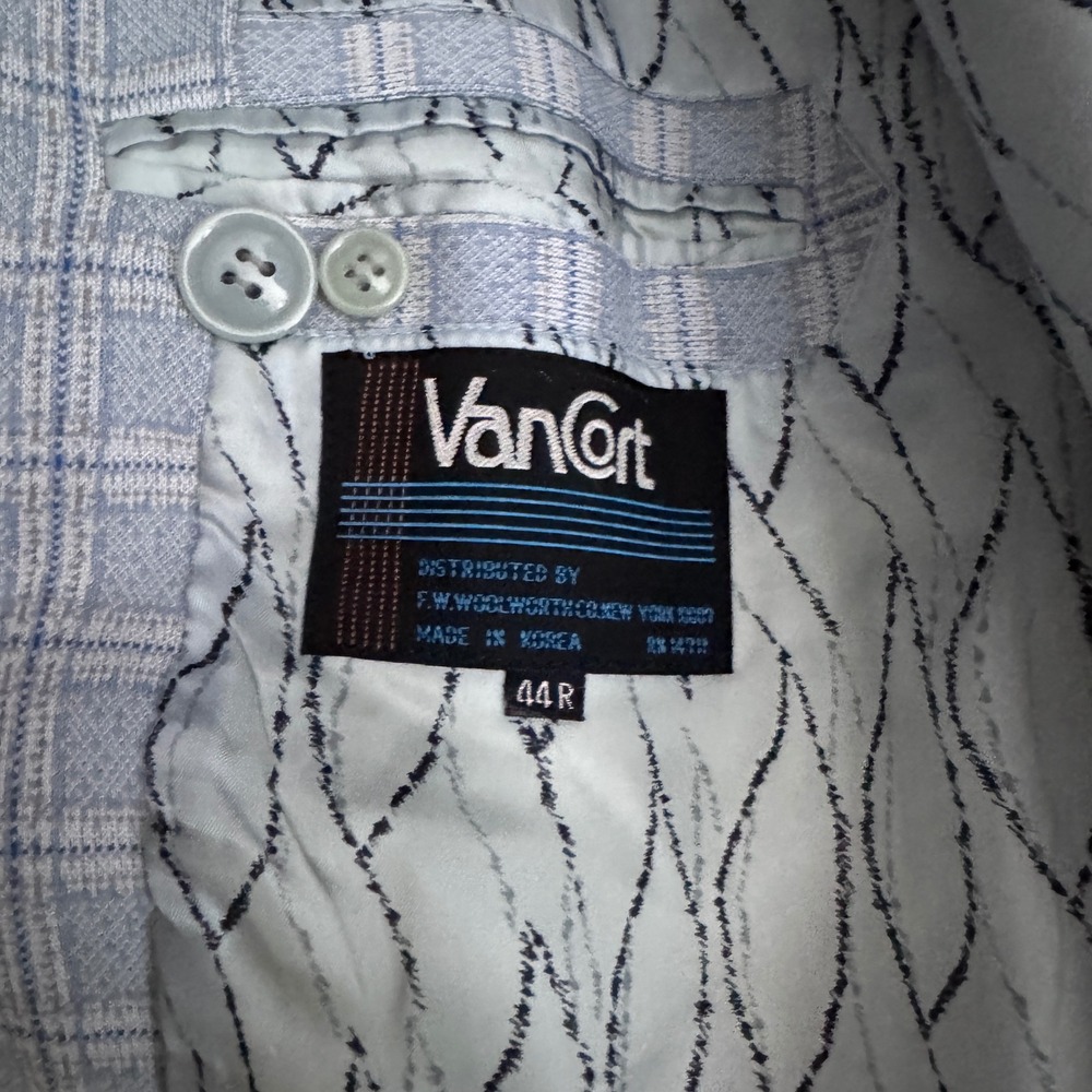 Van Cort Blazer Mens 44R Light Blue Plaid Vintage 70s Polyester Sport Coat - Picture 5 of 7